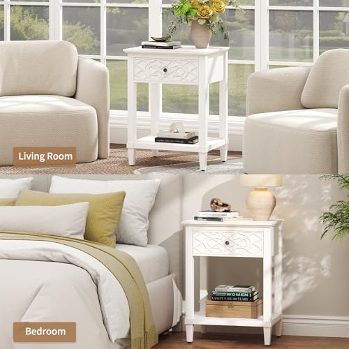 26" Night Stand with Drawers, Painted Bedside Table, Solid Wood Nightstand | Pine Leg and Solid Wood Frame Nightstand, Side Table End Table for Bedroom, Carved Pattern, Distressed White - color: Distressed White