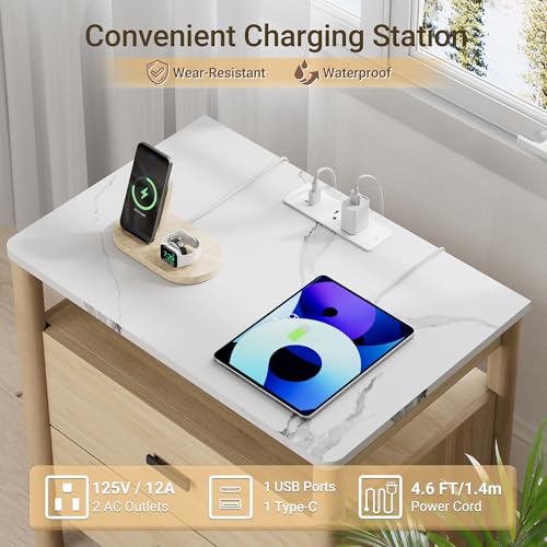 Night Stand Set 2, 23" Nightstands Set of 2, Modern Nightstand with Charging Station & Faux Marble Top, 2 Drawer End Table with Solid Round Post Legs, Bedside Table for Bedroom, Natural Oak - color: Natural Oak + Faux Marble Top, size: 24''W x 15.7'D x 24