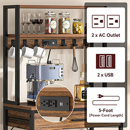 LITTLE TREE Kitchen Baker’s Rack with Power Outlets, Freestanding 5-Tier Microwave Stand with Drawers & Sliding Shelves, Coffee Bar with 6 Hooks for Dining Room Living Room, Rustic Brown - color: Rustic Brown