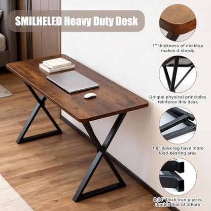SMILHELTD Heavy Duty Office Desk 47.2" – 800 lbs Capacity, 45 lbs Net Weight Sturdy Computer Workstation, 1" Thicker Desktop, Strong Metal Frame, No Wobble for Home Office Gaming Vintage Brown