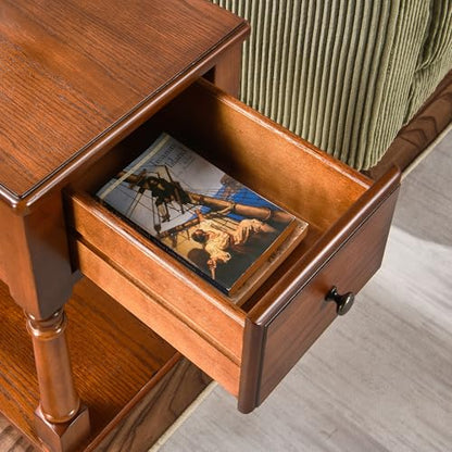 Narrow End Table with Drawer and Storage Shelf, Solid Wood Sofa Side Tables, Slim Beside Table-, Telephone for Small Spaces, Living Room, 22"L x 13"W x 22.7"H No-tools Assembly Caramel Brown BBJ004DR - color: Caramel Brown