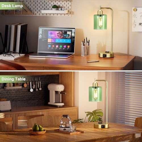 Innqoo Industrial Green Table Lamps for Bedrooms Set of 2-3-Way Dimmable Desk Lamp with USB C+A Ports and Outlet, Gold Lamps with Green Glass Shade for Living Room - color: Green Shade& Gold Base