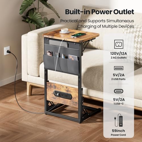 HLDIRECT C Shaped End Table with Charging Station & Storage Bag Brown | 2 USB & 2 Outlets, Storage Bag, FSC Wood, Foldable, 11.8"D x 15.7"W, for Small Spaces, Couch, Bedroom - color: Rustic Brown
