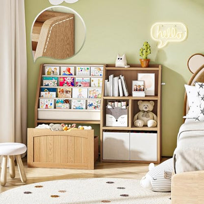 CHOEZON Kids Bookshelf, Children's Bookcase with 4 Sling Book Shelves, Toy Storage Cubby, Fabric Storage Baskets, Wooden Book Shelf for Kids' Room, Playroom, Nursery, Natural and White MCW17NL - color: Natural and White