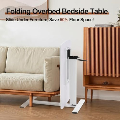 Overbed Bedside Table with Wheels, Adjustable Pneumatic Mobile Standing Desk, Laptop Table Rolling Bed Desk Foldable for Hospital & Home (32" W x 16" D, White) - size: 27“-38”