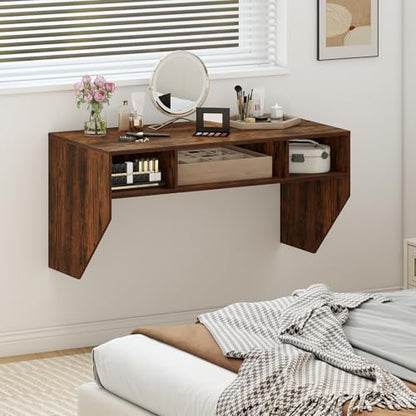 Giantex Wall-Mounted Computer Desk, Floating Laptop Desk with 3 Storage Compartments, Space-Saving Home Office Workstation Vanity Table for Bedroom, Study, Living Room (Rustic Brown) - color: Rustic Brown