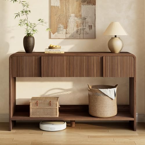 AMERLIFE 55" Fluted Entryway Console Table with 2 Drawers and Open Shelf | Modern Entryway Table with Rounded Edges, Wood Sofa Table for Hallway, Foyer, Behind Couch, Living Room, Brown - color: Brown - Fluted Panel, size: 55"