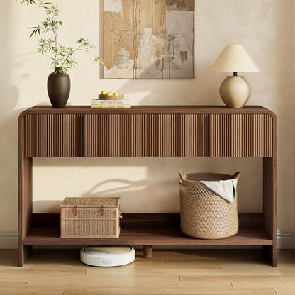 AMERLIFE 55" Fluted Entryway Console Table with 2 Drawers and Open Shelf | Modern Entryway Table with Rounded Edges, Wood Sofa Table for Hallway, Foyer, Behind Couch, Living Room, Brown - color: Brown - Fluted Panel, size: 55"