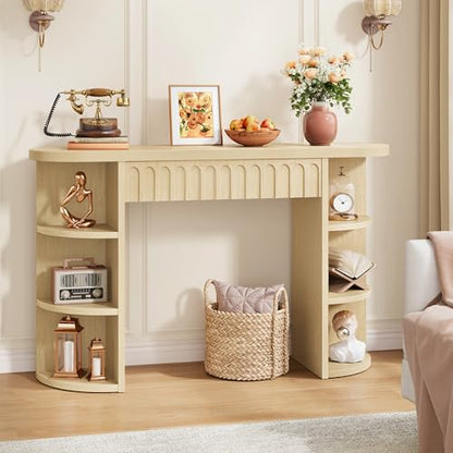 Hoctieon Fluted Console Table with Storage, Entryway Table with Side Storage Shelves, Narrow Sofa Tables Behind Couch, Hallway Tables for Living Room, Entrance, Foyer, Oak - color: Oak