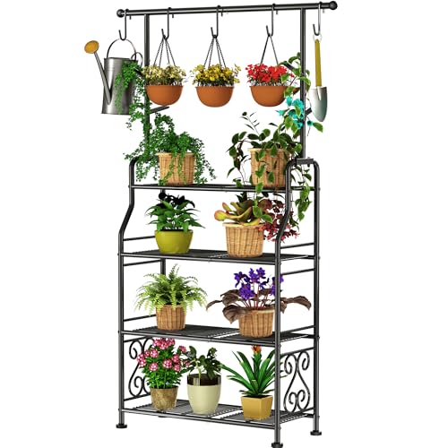 GIOTORENT Plant Stand Indoor Outdoor, 4-Tier Heavy Duty Metal Shelves, Display up to 17 Multiple Plants, Tall Plant Holder with Plant Hanger, Suit for Patio Living Room Garden Balcony, 5 Hooks, Black - size: B-4Tier-Hanger