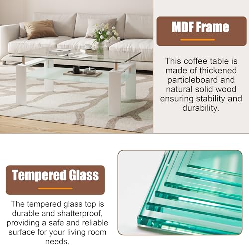 2-Tier Coffee Table with Tempered Glass Top and MDF Frame, Modern White Rectangular Glass Center Table for Living Room, Apartment, Office, Easy to Assemble - color: White, size: Coffee Table
