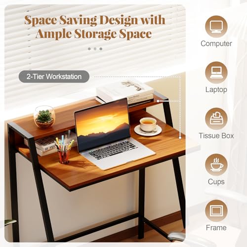 Giantex Small Computer Desk, 31.5" Compact Home Office Desk with Monitor Stand & Sturdy Frame, 2-Tier Space-Saving Study Writing Desk for Small Spaces, Apartment and Bedroom (Walnut) - color: Walnut