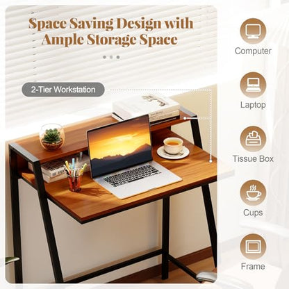 Giantex Small Computer Desk, 31.5" Compact Home Office Desk with Monitor Stand & Sturdy Frame, 2-Tier Space-Saving Study Writing Desk for Small Spaces, Apartment and Bedroom (Walnut) - color: Walnut