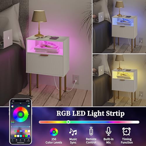 Modern Nightstand with Charging Station and LED Lights, White Bedside Table with Drawer, Fluted Side Table for Living Room, Bedroom - color: White