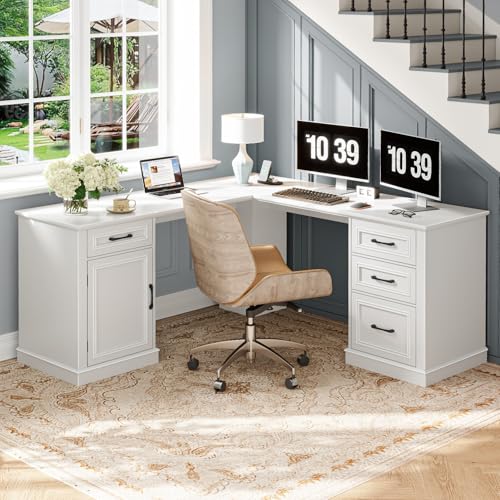 Halitaa Farmhouse 59" L-Shaped Executive Desk with Drawers, White | Wood Home Office Corner Desk with File Drawer, Storage Cabinet, Rustic Computer Writing Desk for Home Office - color: White, size: Cabinet On the Left