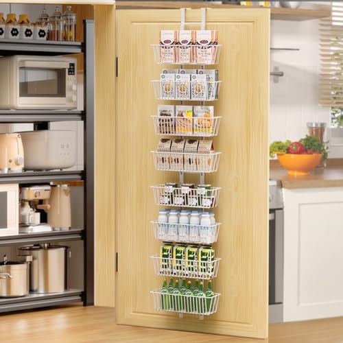 8 Tier Over the Door Pantry Organizer, Over the Door Spice Rack with Adjustable Baskets, Metal Hanging Door Pantry Organizers and Storage for Kitchen Bathroom Bedroom, White - color: White, size: 8-Tier