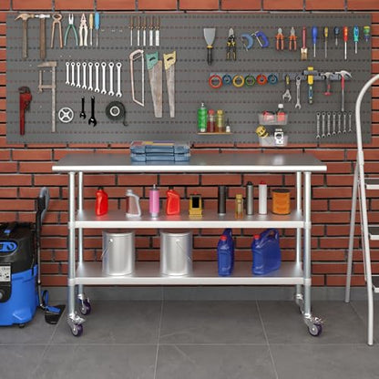 AmGood Stainless Steel Work Table with 2 Shelves and Casters | Metal Utility Table On Wheels (Stainless Steel Work Table with 2 Shelves + Casters, 60" Long x 18" Deep) - size: 60" Long x 18" Deep