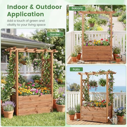 Giantex Raised Garden Bed with Sided Trellis & Roof, 31”x16”x41” Wood Elevated Planter Box, Freestanding Garden Planter Raised Bed for Flowers Herbs Climbing Vines,Brown,1 - color: Brown, size: 31”x16”x41”