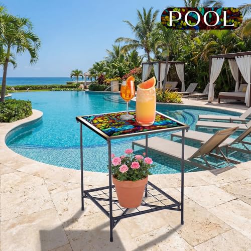 Cinnvoice Outdoor Side Table 2-Tier Storage Square Small Mosaic Patio Accent Indoor End Plant Coffee Tea Table for Yard Patio Porch Garden Living Room, Bedroom(Tree of Life Style) - style: Tree of Life Style