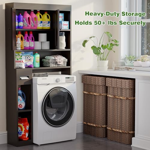 Over The Toilet Storage Cabinet with 7 Shelves, Imitation Walnut Grain Above Toilet Bathroom Organizer with Toilet Paper Holder Stand, Space Saver for Restroom, Laundry, Bathroom (Espresso) - color: Espresso