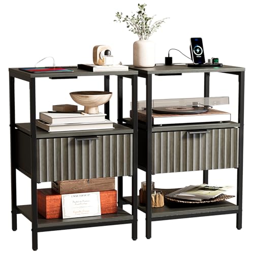 Bonnlo Fluted Nightstand Set of 2, End Table with Fabric Drawer with Charging Station, Night Stand with Storage Shelf & Handle, Fluted Side Table for Bedroom/Living Room,Grey - color: Grey, size: 1 Drawer