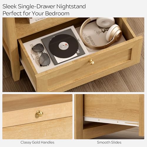 EYYTHUNG Farmhouse Nightstand with Drawer Modern 24" Wide End Table Night Stands Large Wooden Bedside Table with Open Shelf Mid Century Night Stands for Sofa, Natural Oak - color: Natural Oak, size: 1 PC