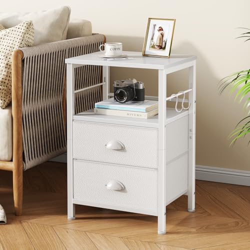 Furologee Nightstand Bedside Table with 2 Fabric Drawers, White Side Table with 2-Tier Shelf, Night Stand with Hooks, for Bedroom, Living Room, Backboard Design, Wooden Top, Metal Frame, White - color: White, style: 1pc