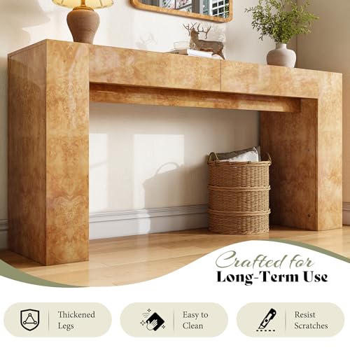 AMERLIFE 63" Burl Wood Console Table, Modern High Gloss Entryway Table with 2 Storage Drawers, Long Sofa Table Behind the Couch for Entrance, Hallway, Foyer, Living Room, Natural - color: Natural