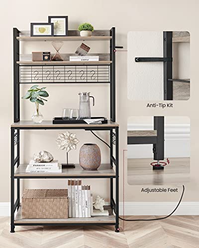 VASAGLE Bakers Rack with Power Outlet, Microwave Stand, Kitchen Tall Utility Storage Shelf, with Metal Wire Panel, 14 Hooks, 15.7 x 31.5 x 66.9 Inches, Heather Greige and Ink Black UKKS025B02 - color: Heather Greige + Ink Black, size: 31.5"W