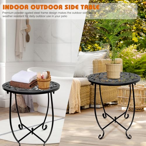 Fashion&cool 2 Pack Outdoor Side Tables, 14" Round Patio Side Table, Weather Resistant Metal Outdoor End Table Side Table for Patio Yard Porch Balcony Garden Bedside, Plant Stand for Indoor Outdoor