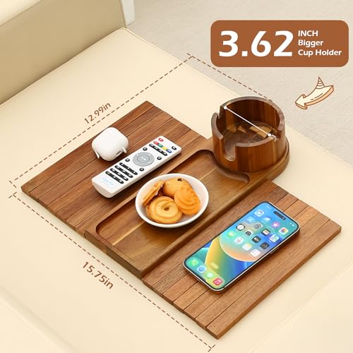 Couch Cup Holder Tray, 15.75" Acacia Wood Couch Armrest Table, 3 in 1 Foldable Sofa Clip on Side Table with 360° Phone Stand, Armrest Tray for Coffee Snacks - color: Acacia Wood