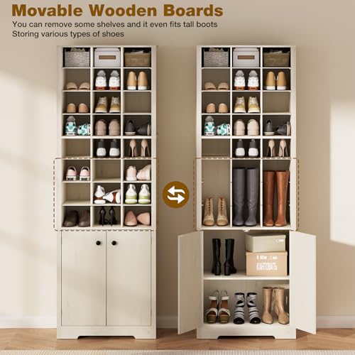 HOMMPA 72'' Beige Tall Shoe Cabinet, Freestanding Tall Shoe Rack with Bottom Cabinet, 8-Tier 24 Cubbies Wooden Shoe Storage Organizer with Adjustable Shelves for Entryway, 13" D x 24" W x 72" H