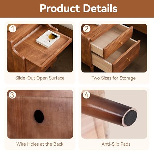 Nightstand with Drawers, Pre-Assembled, 19.7" H Natural Solid Wood Night Stand with Open Sliding Shelf, Mid Century Modern Small Bedside Table Cabinet for Bedroom, Walnut, 16" - color: Walnut, size: 16"
