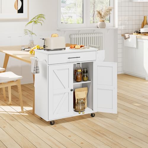 HOOBRO Kitchen Island with Power Outlet, Kitchen Storage Island with Large Worktop, Spice Rack and Drawer, Rolling Kitchen Island Cart on Wheels, for Kitchen and Dining Room, White WT88UZD01 - color: White