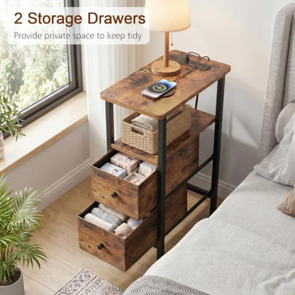 LOAKEKEL Narrow End Table with Charging Station, Side Tables Living Room | End Tables Living Room Set of 2, Skinny Nightstand with Fabric Drawers for Bedroom, Small Spaces, Rustic Brown - color: Rustic Brown, style: Power