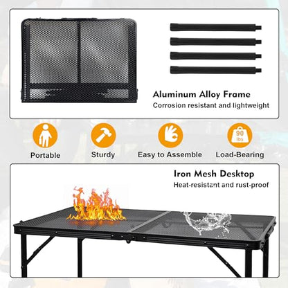 GREGIN Camping Table with Mesh Desktop, Lightweight & Portable Folding Grill Table, Height Adjustable Metal Outdoor Table for Camp, Cooking, BBQ, RV, Picnic-3 FT Black - size: M: 35.43"L x 23.62"W x 16.5"H/26"H