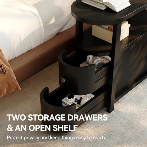 LITTLE TREE Solid Wood End Table with 2 Drawers & Open Shelf, No Assembly Required Side Table for Living Room, Black Couch Side Tables, Slim Bedside Table Nightstand for Bedroom - color: Black