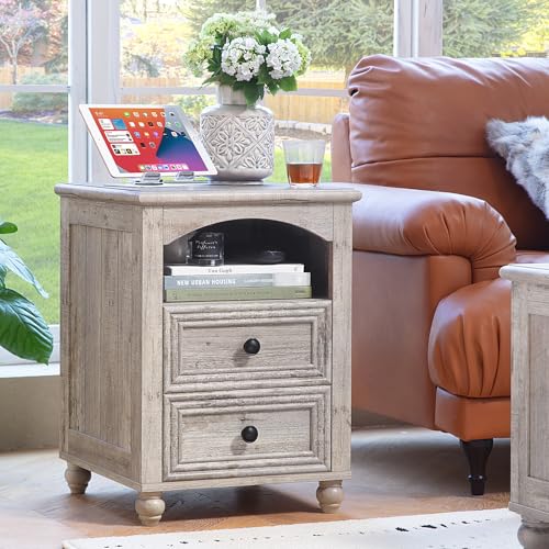 RWYHG 18" Night Stand with Charger Station, Nightstand with 2 Drawers | Farmhouse Modern Bedside Table, Open Storage Shelf, Solid Wood Legs, Gray Bed Side End Tables for Bedroom Living Room - color: Gray Oak, size: 18"D x 18"W x 24"H (2 Drawers)