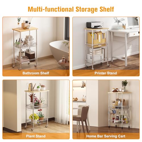 Homeiju Rolling Kitchen Storage Cart, 3-Tier Storage Rack on Caster Wheels with Adjustable 2 Baskets, Coffee Station Cart Rack Shelf Organizer for Living Room Office, Balcony, Chrome/Silver