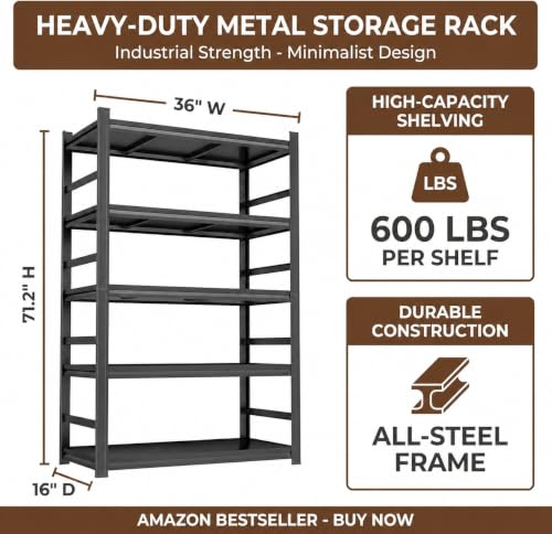 5 Tier Metal Bookshelf, Adjustable Tall Bookcase, Heavy Duty 3000 LBS Modern Deep Book Shelf, Bolt-Free Storage Shelves for Living Room, Home Office, Garage, 36" Wx 16" Dx 71.2" H - size: 5 Tier-36"Wx 16"Dx 71.2"H