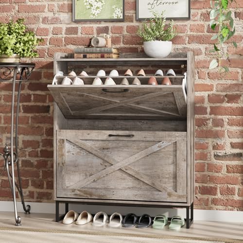 Maupvit Shoe Storage Cabinet with 2 Flip Drawers, Freestanding Organizer with Metal Legs for Entryway, Narrow Shoe Rack Cabinet, Light Rustic Oak - color: Light Rustic Oak, style: 2-Drawers