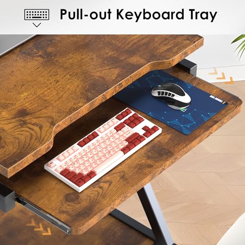 sogesfurniture Small Mobile Computer Desk with Keyboard Tray, Z-Shaped Compact Study Table, Rolling Workstation for Home and Office with Printer Shelf, Keyboard Drawers, Rustic Brown - color: Rustic Brown
