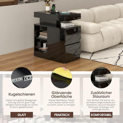 OC Orange-Casual LED End Table with Power Outlet, High Glossy Sofa Side Table, Small Nightstand with Drawer and Storage Cabinet, Narrow Side Table with Charging Station for Living Room (1, Black) - color: Black