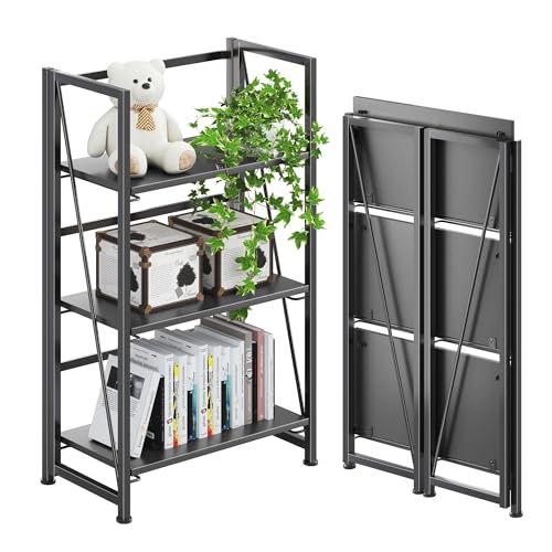 4NM No Assembly Folding Bookshelf Storage Shelves 3 Tiers Vintage Bookcase Standing Racks Study Organizer Home Office (All Black) - color: All Black, size: Standard 3 Tiers