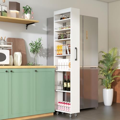 7-Tier Slim Mobile Shelving Cart with Wheels, Rolling Pantry with 7 Racks, Narrow Pull-Out Utility Cart, Space Saving Storage Organizer Carts for Kitchen Living Room Bathroom Narrow Spaces, White - size: White & 7.87"D x 17.72"W x 70.87"H