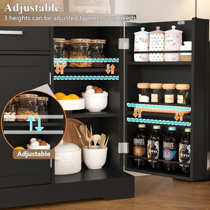 Tall Pantry Cabinet, Modern Kitchen Hutch with Microwave Stand, Kitchen Pantry Storage Cabinet with 2 Darwers & Door Shelf, Food Pantry with Goblet Holders & Adjustable Shelves for Dining Room, Black - color: Black-goblet Holders
