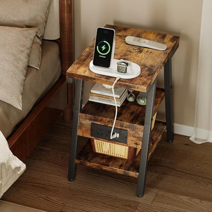 Side Table with Charging Station,3-Tier Small End Table,Lucky 7 Metal Shape | 2 AC Outlets + 2 USB Ports, Adjustable Feet, Nightstand for Bedroom, Living Room, Couch, Narrow Spaces, Rustic Brown - color: Rustic Brown
