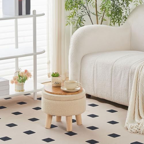 Wimarsbon Storage Ottoman, Modern Round Footrest with Soft Padded Seat, Teddy Velvet Footstool with Wood Legs, Accent Small Table or Plant Stand for Hallway, Living Room (Off-White) - color: Off-white