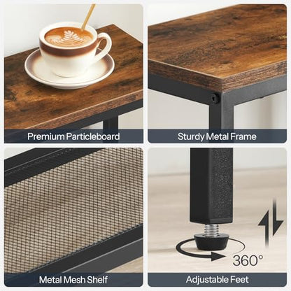 HOOBRO Narrow Console Table, Sofa Table, 4-Tier Industrial Entryway Table with Metal Mesh Shelf, Hallway Table with Adjustable Feet, for Entryway, Living Room, Hallway, Rustic Brown and Black BF79XG01 - color: Rustic Brown + Black