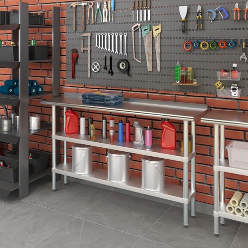 AmGood Stainless Steel Work Table with 1.5" Backsplash and 2 Shelves | Metal Kitchen Food Prep Table | NSF (60" Long x 14" Deep) - size: 60" Long x 14" Deep